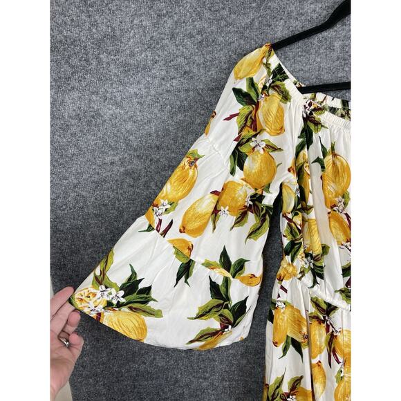 Blue island Mini Dress Size Large Lemon Print Off the Shoulder Bell-Sleeve - Picture 4 of 10